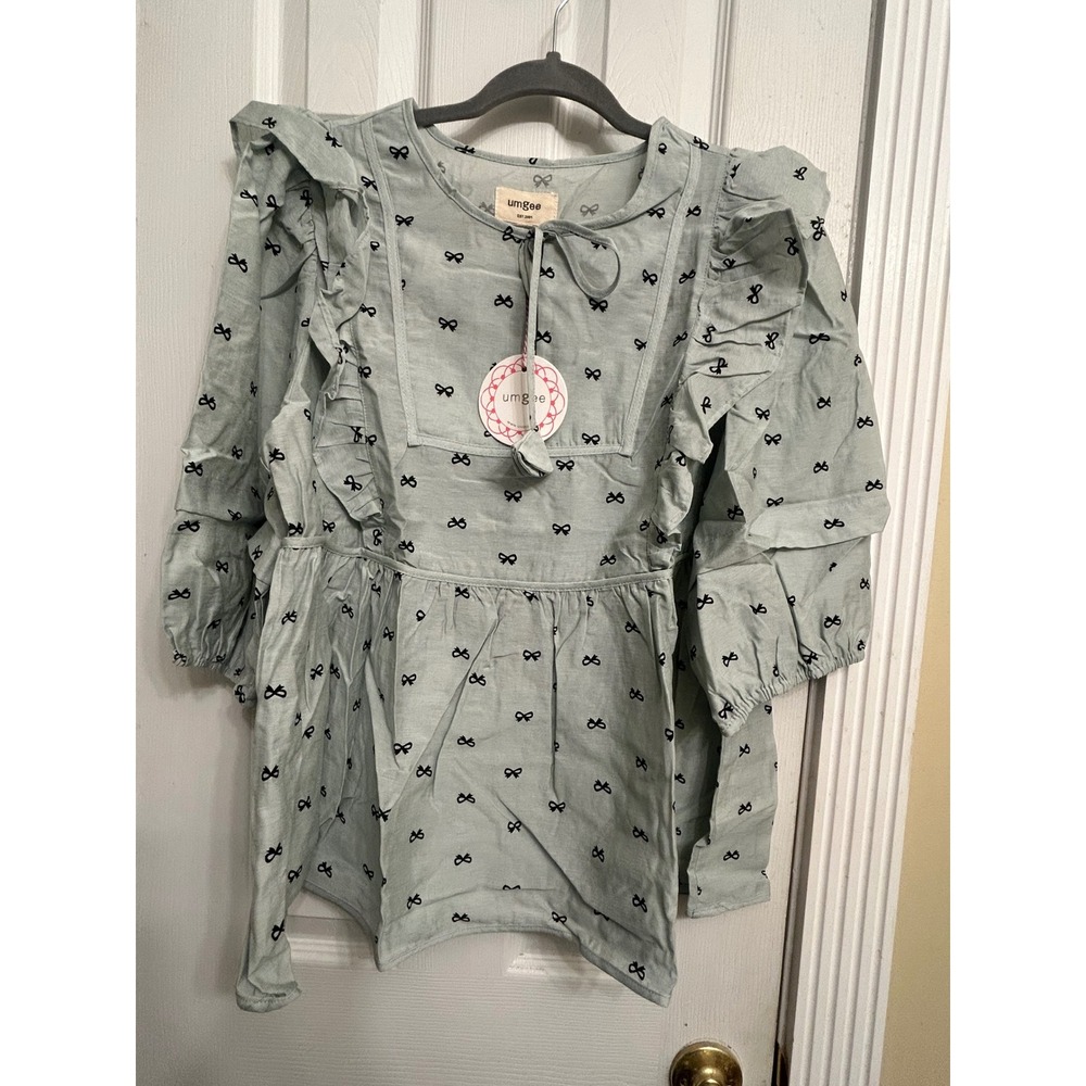 Umgee Womens Sage Green Bow Print Ruffle Babydoll Top K9285 Large NWT Coquette